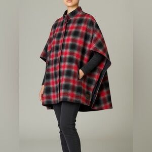 Eddie Bauer Buffalo Plaid Wool Blend Red & Black Cape Size Large Snap Closure